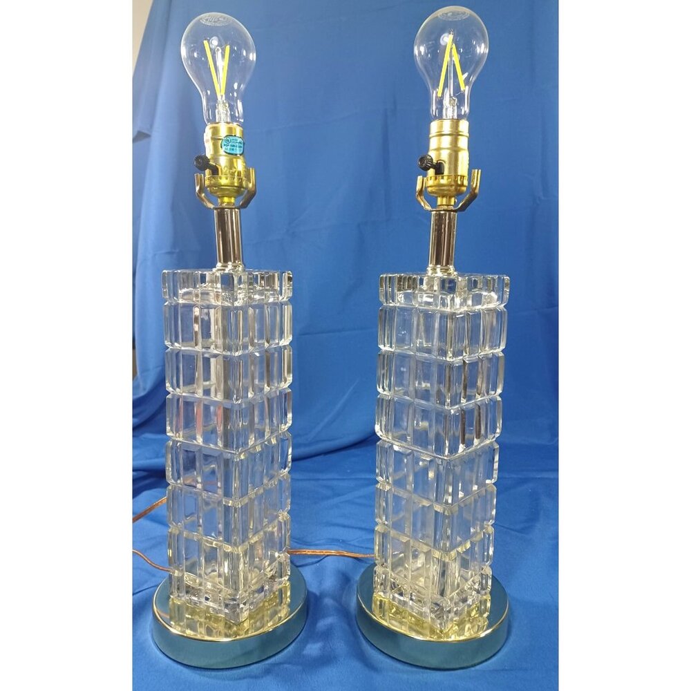 Mid Century Hollywood Regency Crystal & Brass Window Pane Cube Tower Lamps Set - Picture 11 of 13